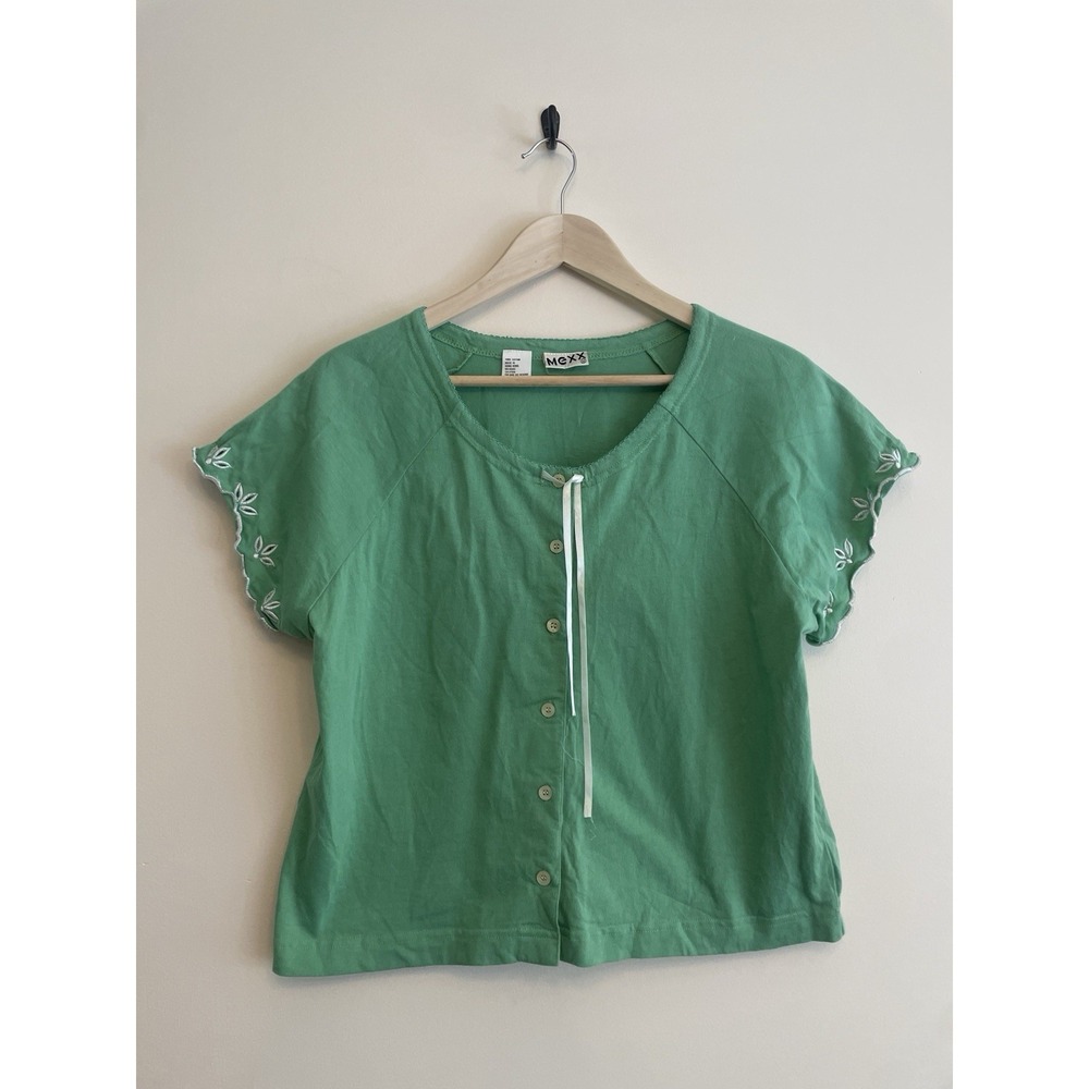Vintage Mexx Peasant Top Women Medium Green Embroidered Tie Neckline Button‎